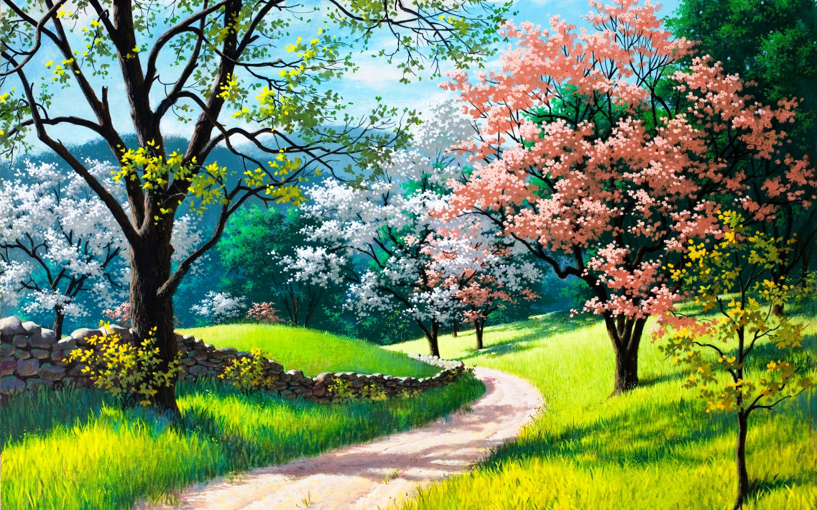 erba, natura, paesaggio, strada, alberi, primavera, immagine, fioritura