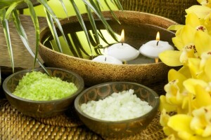 bowl, candles, flowers, orchids, sea salt