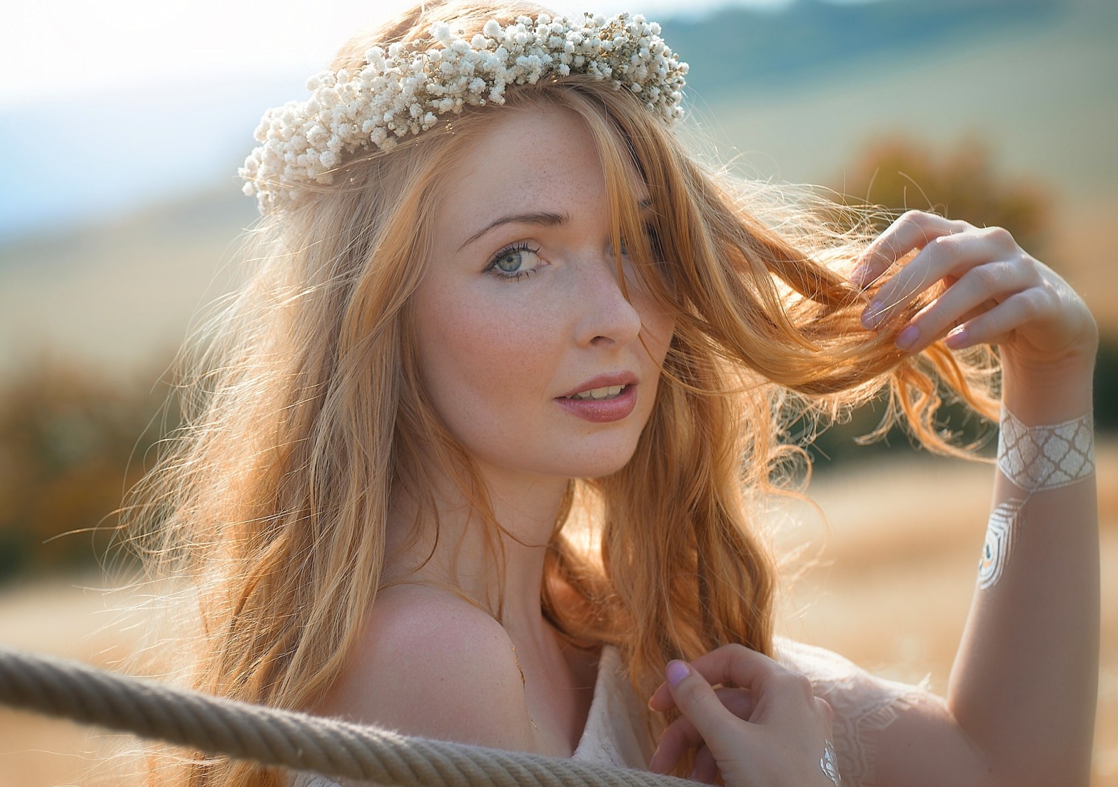 look, mood, portrait, red, hair, redhead, wreath