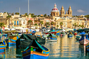 bukt, båtar, byggnad, Malta, Malta Xlokk, Marsaxlokk, Marsaxlokk