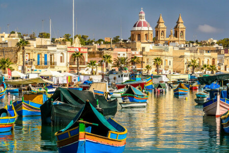 Zatoka, łodzie, budynek, Malta, Malta Xlokk, Marsaxlokk, Marsaxlokk