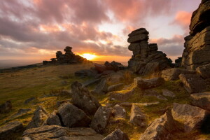 Inglaterra, paisaje, Merrivale, puesta de sol