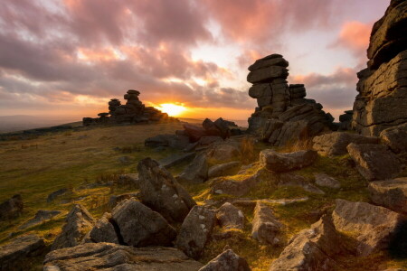 Englanti, maisema, Merrivale, auringonlasku