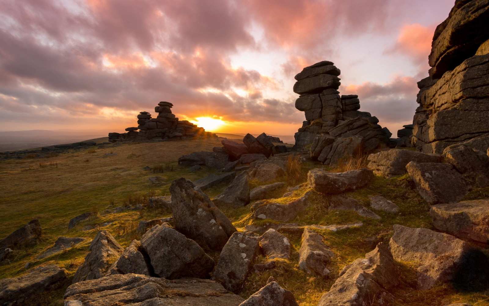 le coucher du soleil, paysage, Angleterre, Merrivale