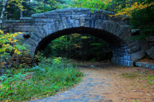 l'automne, Pont, paysage, feuilles, route, pierre, soutien, le pont