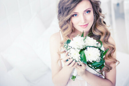 bouquet, boucles, fleurs, fille, coiffure, Regardez, la mariée