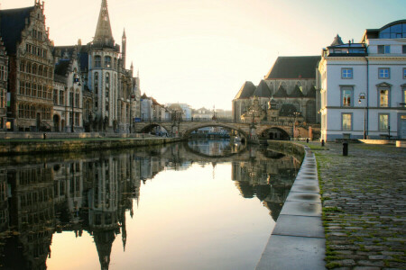 Bridge, channel, home, promenade, river, the evening, the sky