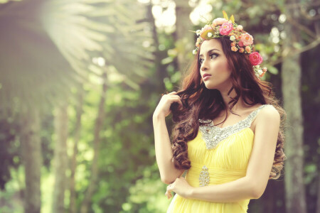 asian, curls, dress, flowers, girl, hair, wreath