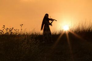 robe, champ, fille, herbe, ambiance, le coucher du soleil, le soir, Les rayons du soleil