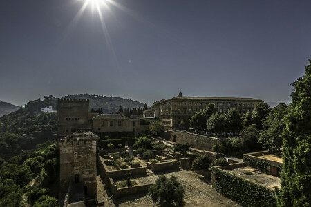 Alhambra, arquitectura, Granada, islam, montañas, Palacio, Parque, España