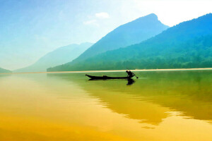 barco, lago, montanhas, reflexão, o céu