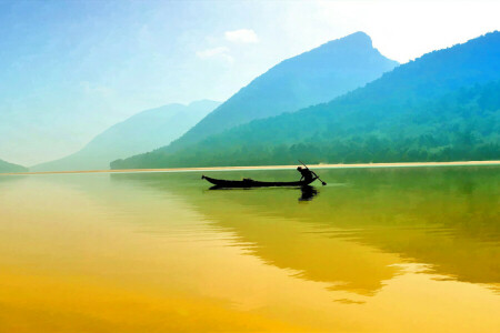 boat, lake, mountains, reflection, the sky