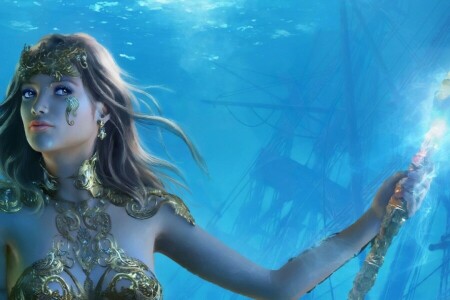 art, crystal, decoration, girl, Spear, Under water