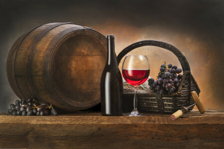 barrel, basket, bottle, corkscrew, grapes, wine