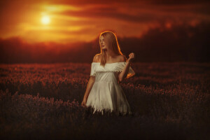 beautiful, Fields, girl, lavender, light, photo, portrait, sky