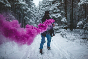 Woud, mannetje, weg, rook, sneeuw, bomen, winter