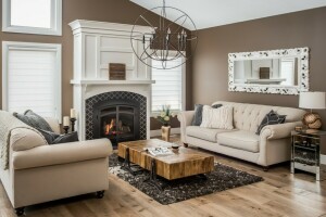 decor, design, fireplace, living room, mirror, sofa, style, table