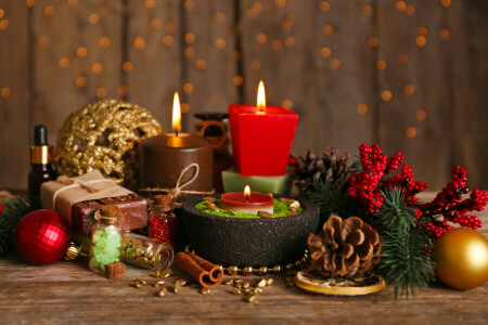 balls, branches, bumps, candles, decoration, fire, holiday, New Year