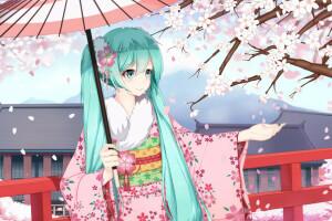 anime, τέχνη, κορίτσι, hatsune miku, κιμονό, πέταλα, Sakura, χαμόγελο