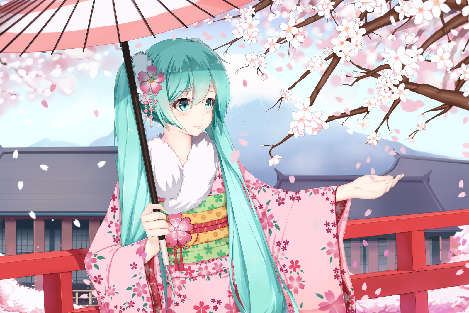 Mädchen, Lächeln, Kunst, Blütenblätter, Anime, Regenschirm, Sakura, Kimono