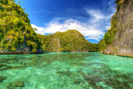 nuvole, Indonesia, Laguna, rocce, il cielo, il Sole, alberi, Tropici