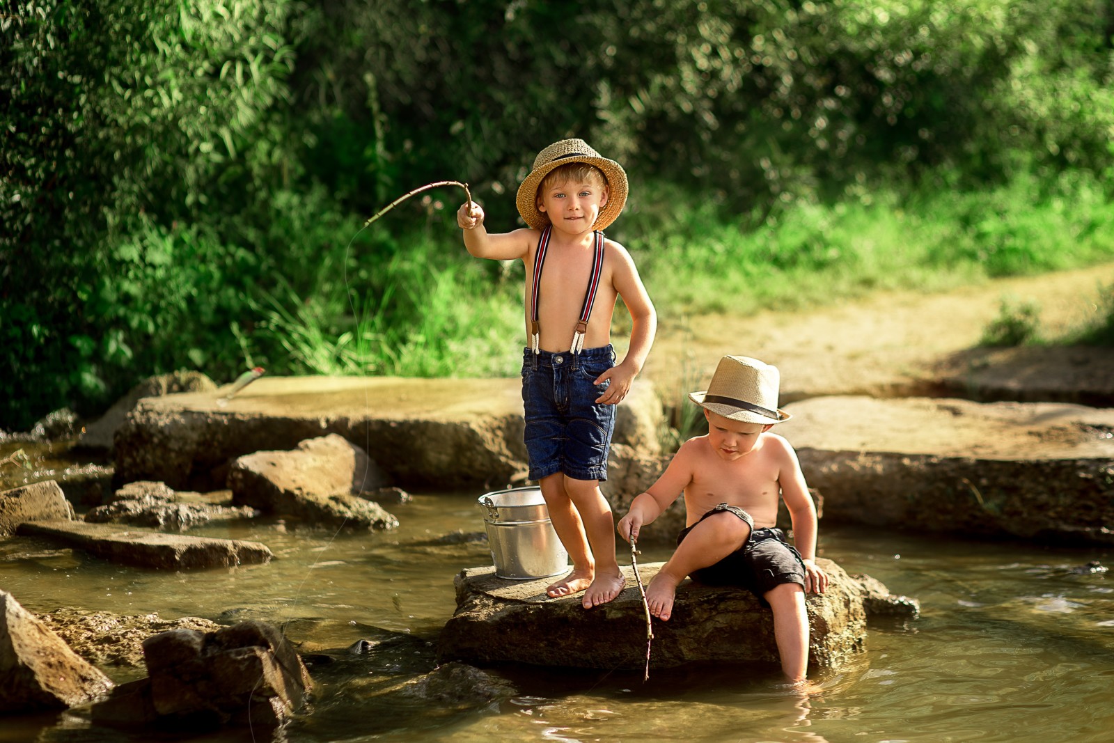 natura, estate, bambini, fiume, pietre, amici, pesca, Ragazzi