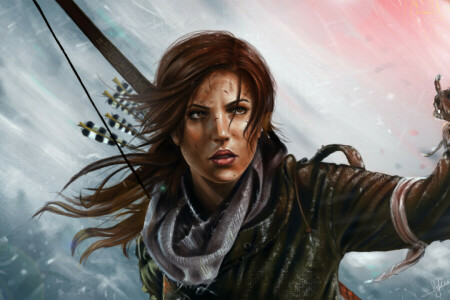 Arte, arco, devuschka, fuego, Lara Croft, Mira, el juego, Tomb Raider