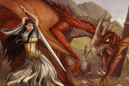 art, dragon, girl, posts, skull, sword, the victim