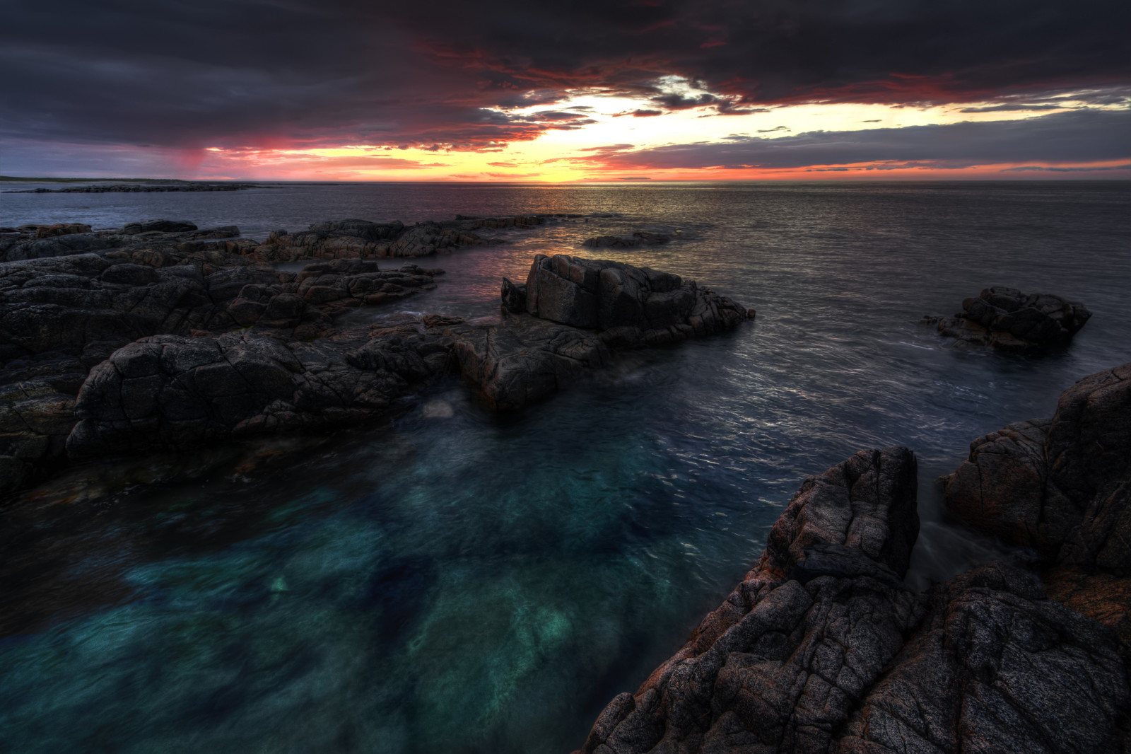 o céu, mar, nuvens, alvorecer, pedras, Irlanda, Donegal