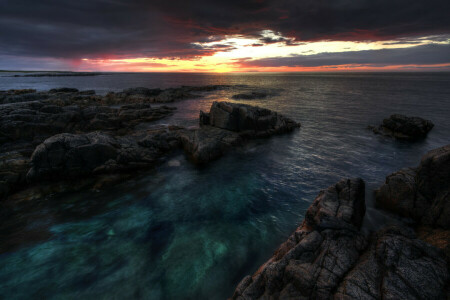 clouds, dawn, Donegal, Ireland, rocks, sea, the sky