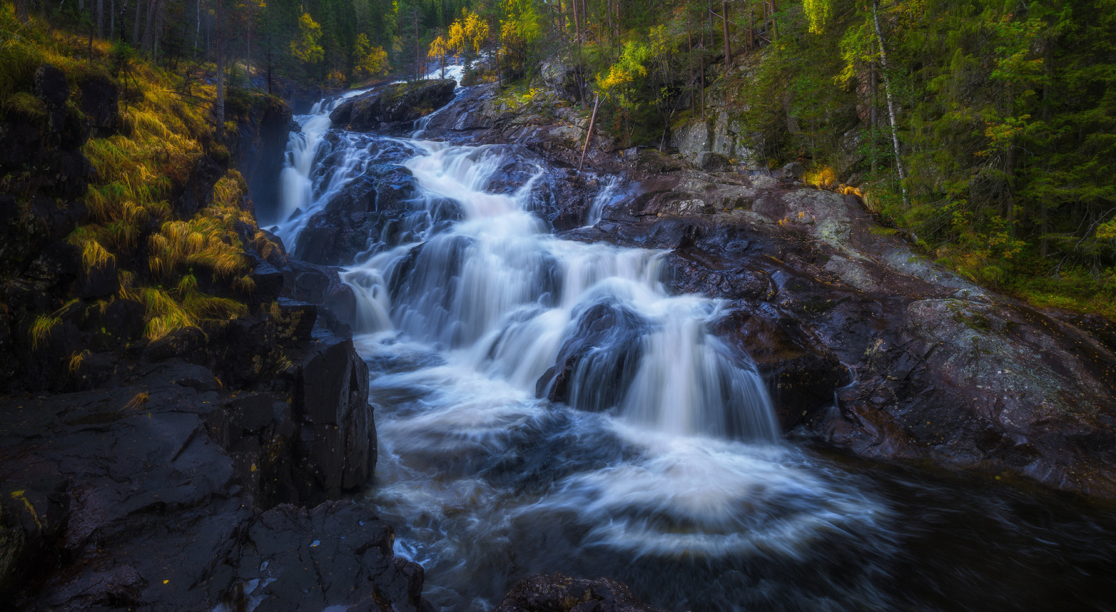 осень, река, водопад, горные породы, каскад