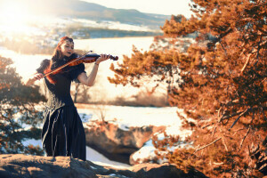 robe, fille, Mlle Froggi, le soleil, violon