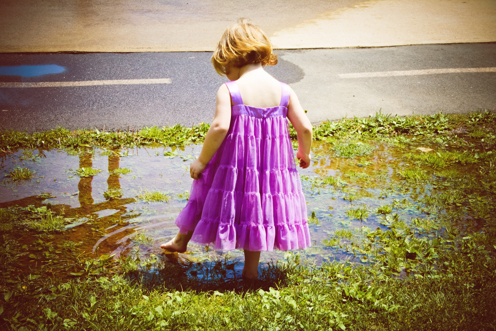 girl, child, dress, puddle