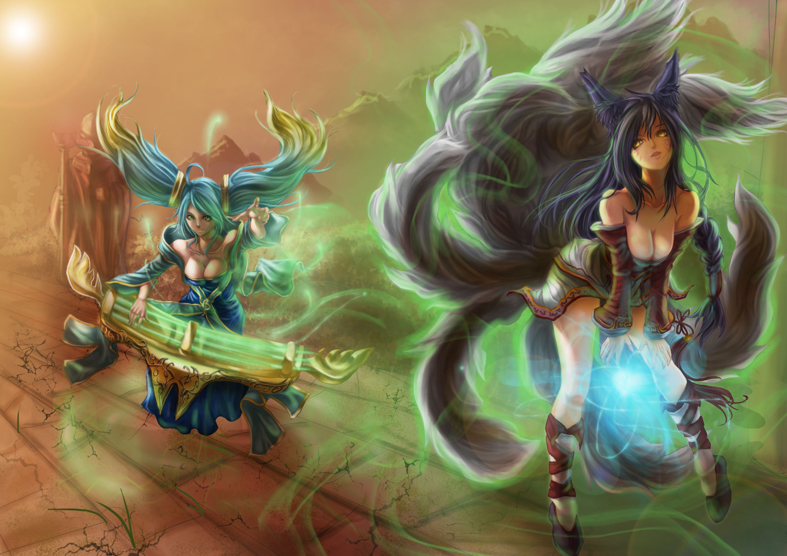 Mädchen, Kunst, Magie, Liga der Legenden, lol, Ahri, Sona