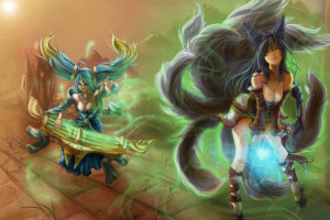 Ahri, taide, tytöt, League of Legends, LOL, taika-, Sona