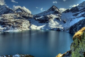 See, Berge, Foto, Felsen, Schnee, Winter