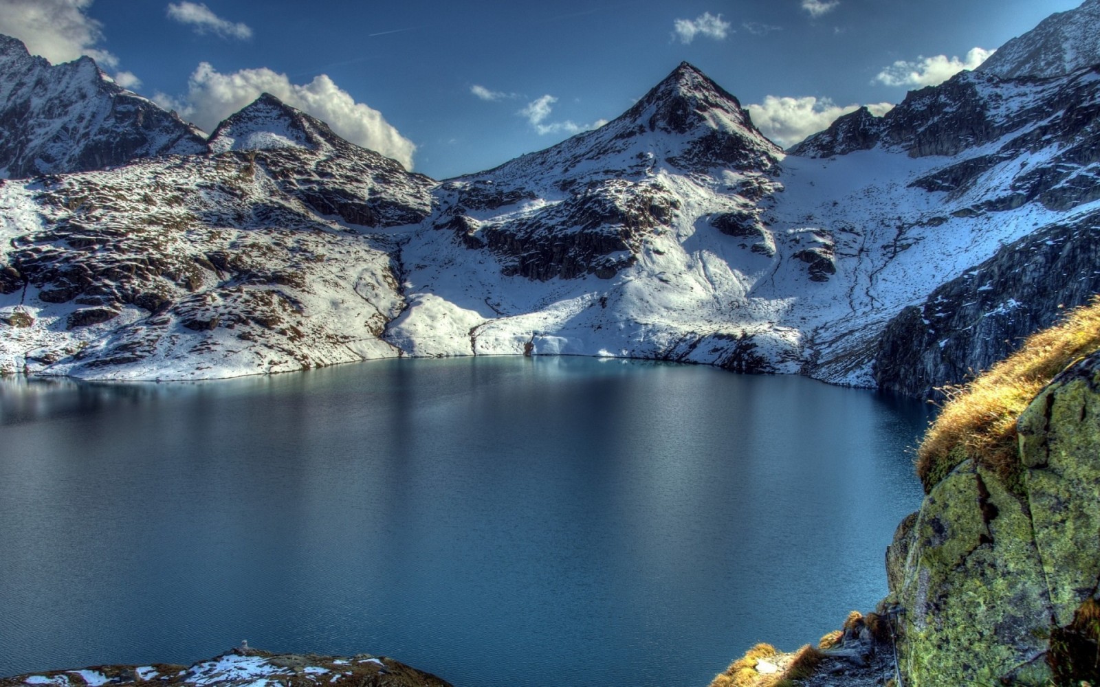 snow, lake, winter, mountains, photo, rocks