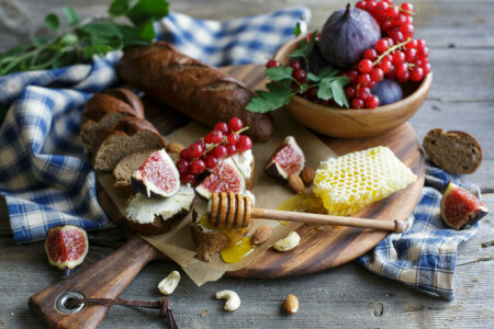 Mandeln, Taktstock, Brot, Johannisbeeren, Feigen, Honig, Nüsse, rot