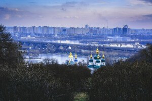 ponte, Dnepr, Cupola, Giardino, Kiev, il monastero, Ucraina, Vydubychi