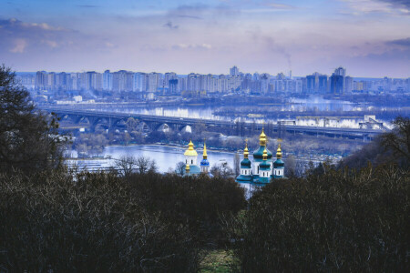 Ponte, Dnepr, cúpula, Jardim, Kiev, o mosteiro, Ucrânia, Vydubychi