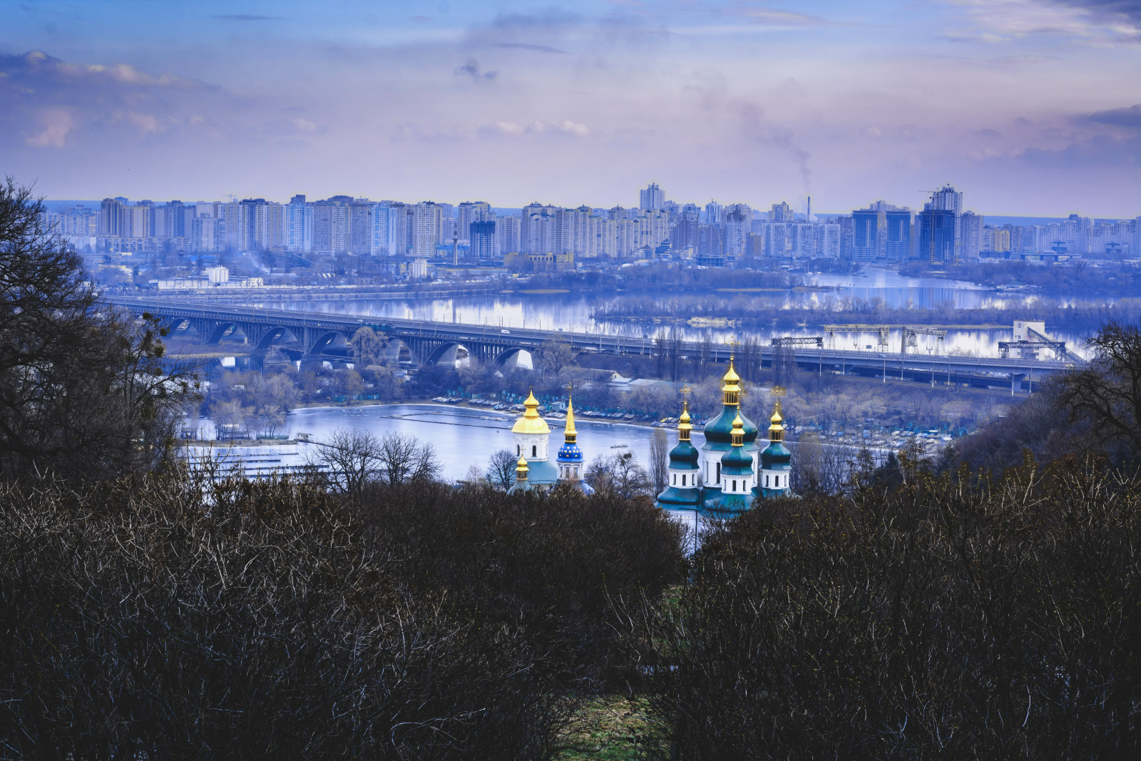 Winter, Brücke, Garten, Ukraine, Kuppel, Kiew, Das kloster, Dnepr