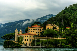 coast, house, Italy, Lombardy, mountains, sea, trees, Villa