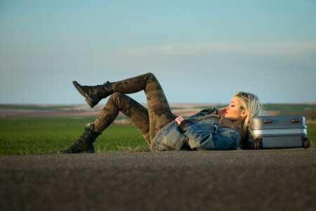 girl, road, suitcase