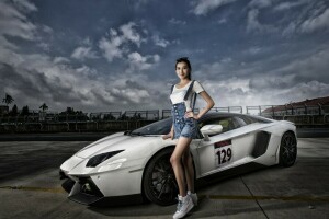 asiático, Aventador, Lamborghini, modelo, pose, Carro esportivo, Super-carro