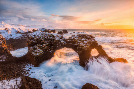 Bogen, Island, Licht, Morgen, Felsen, Meer, Welle