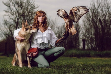 uccello, cane, ragazza