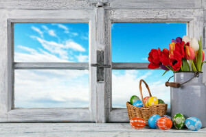 decoración, Pascua de Resurrección, huevos, flores, contento, primavera, tulipanes, ventana