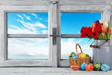 decoration, Easter, eggs, flowers, happy, spring, tulips, window