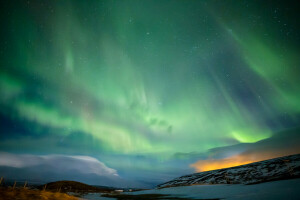 lumières, montagnes, nuit, Scandinavie, neige