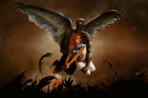 art, Barbarella, girl, the demon, weapons, wings